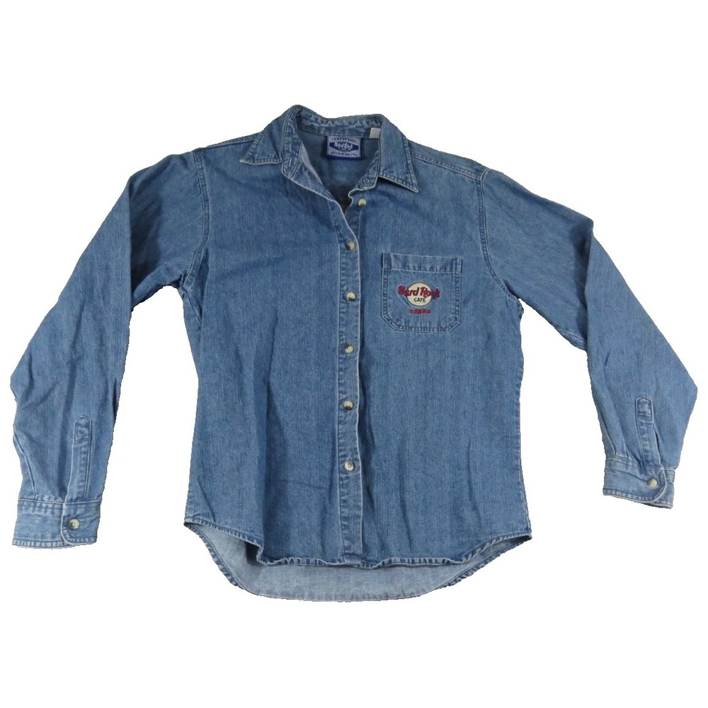 VTG Hard Rock Cafe Osaka Denim Shirt Women L 90s Embroidered Guitar Logo Blue